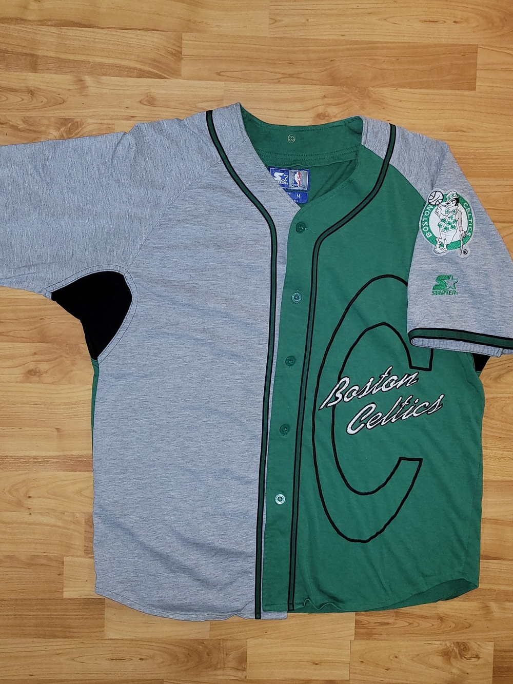 Vintage STARTER Boston Celtics NBA Green Gray Split-Panel Baseball Jersey, Med